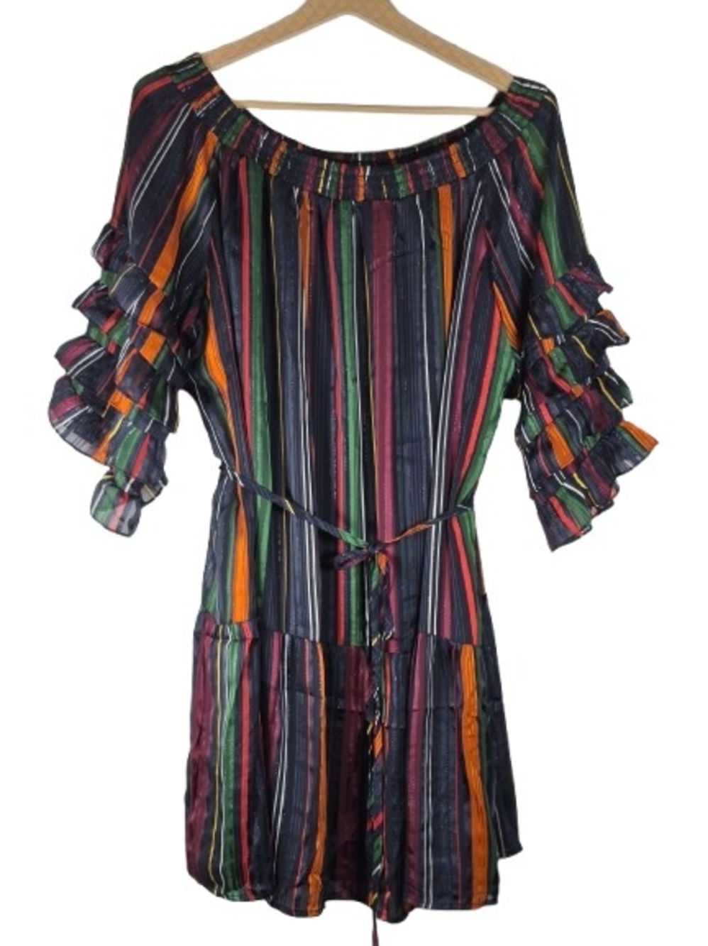 Fate Multicolor Striped Off-Shoulder Mini Dress M - Stunning & Flowy!